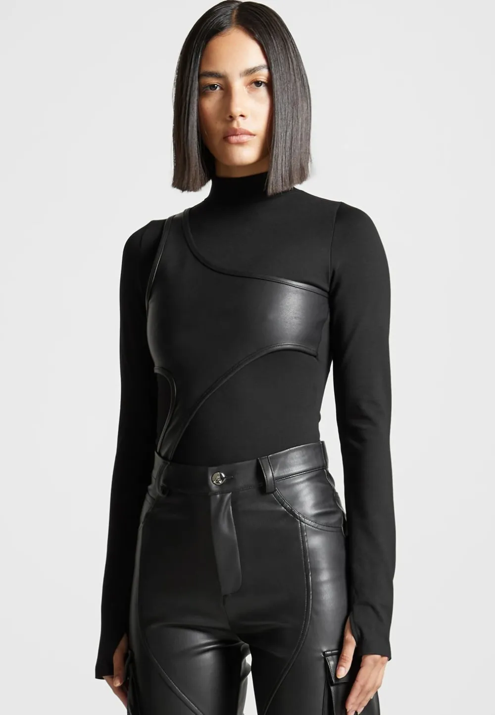 Leather Overlay High Neck Bodysuit