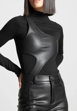 Leather Overlay High Neck Bodysuit