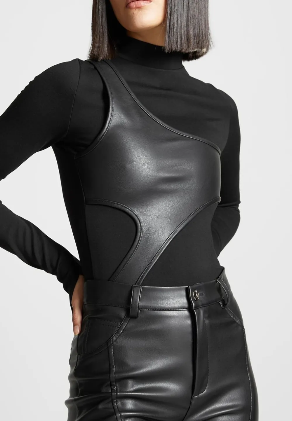 Leather Overlay High Neck Bodysuit