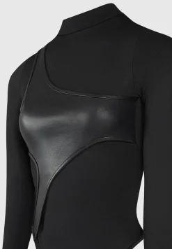 Leather Overlay High Neck Bodysuit