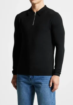Merino Wool Long Sleeve Polo Top With Zip