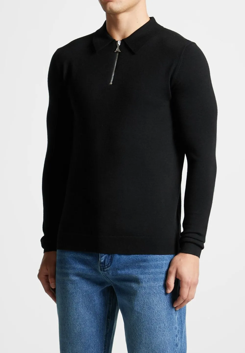 Merino Wool Long Sleeve Polo Top With Zip