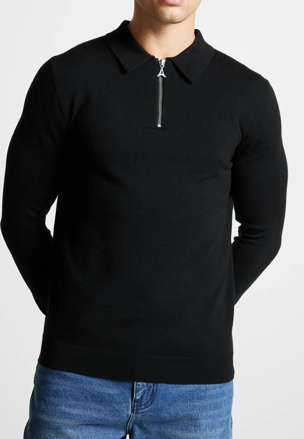 Merino Wool Long Sleeve Polo Top With Zip