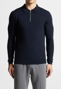 Merino Wool Long Sleeve Polo Top With Zip