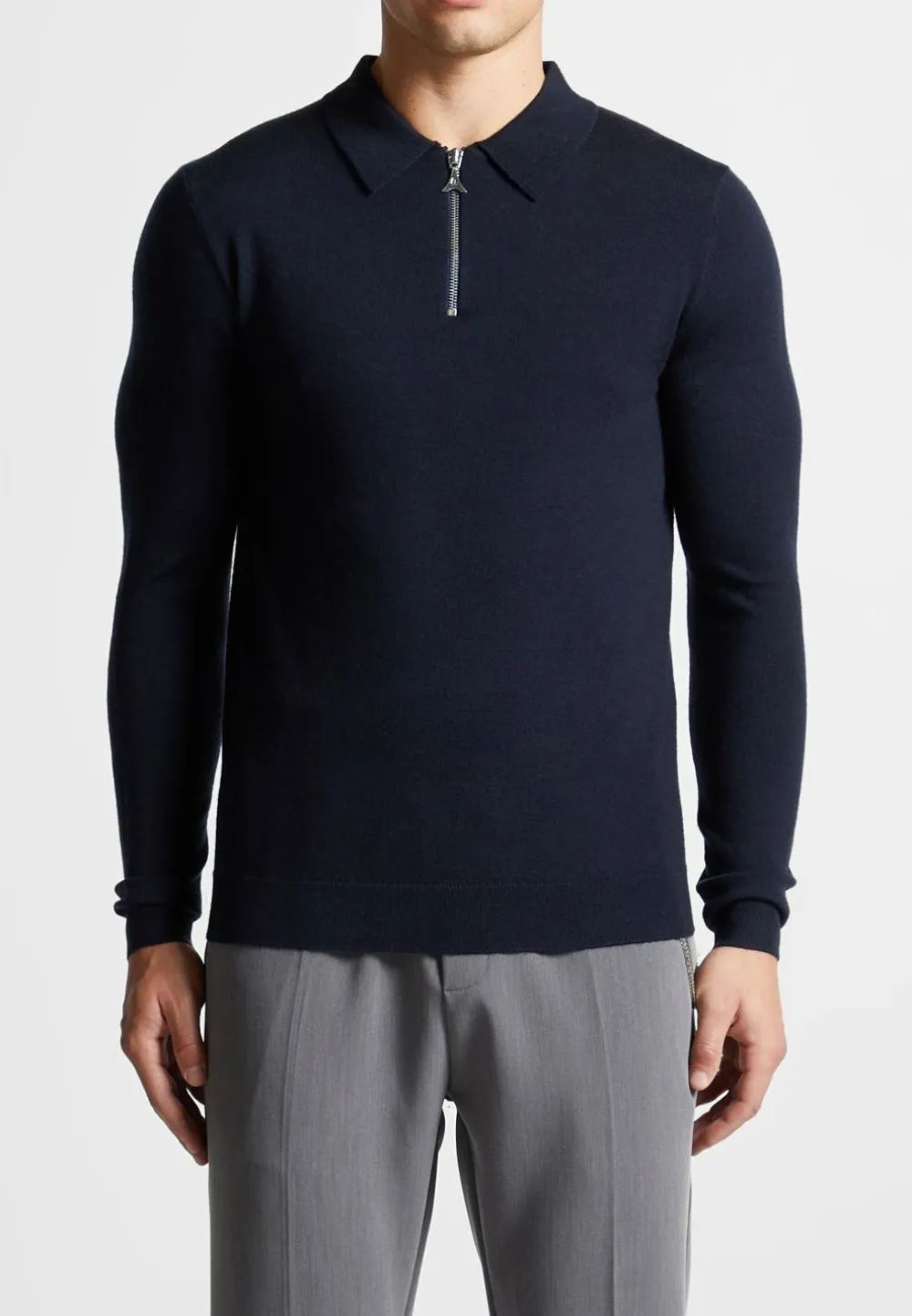 Merino Wool Long Sleeve Polo Top With Zip