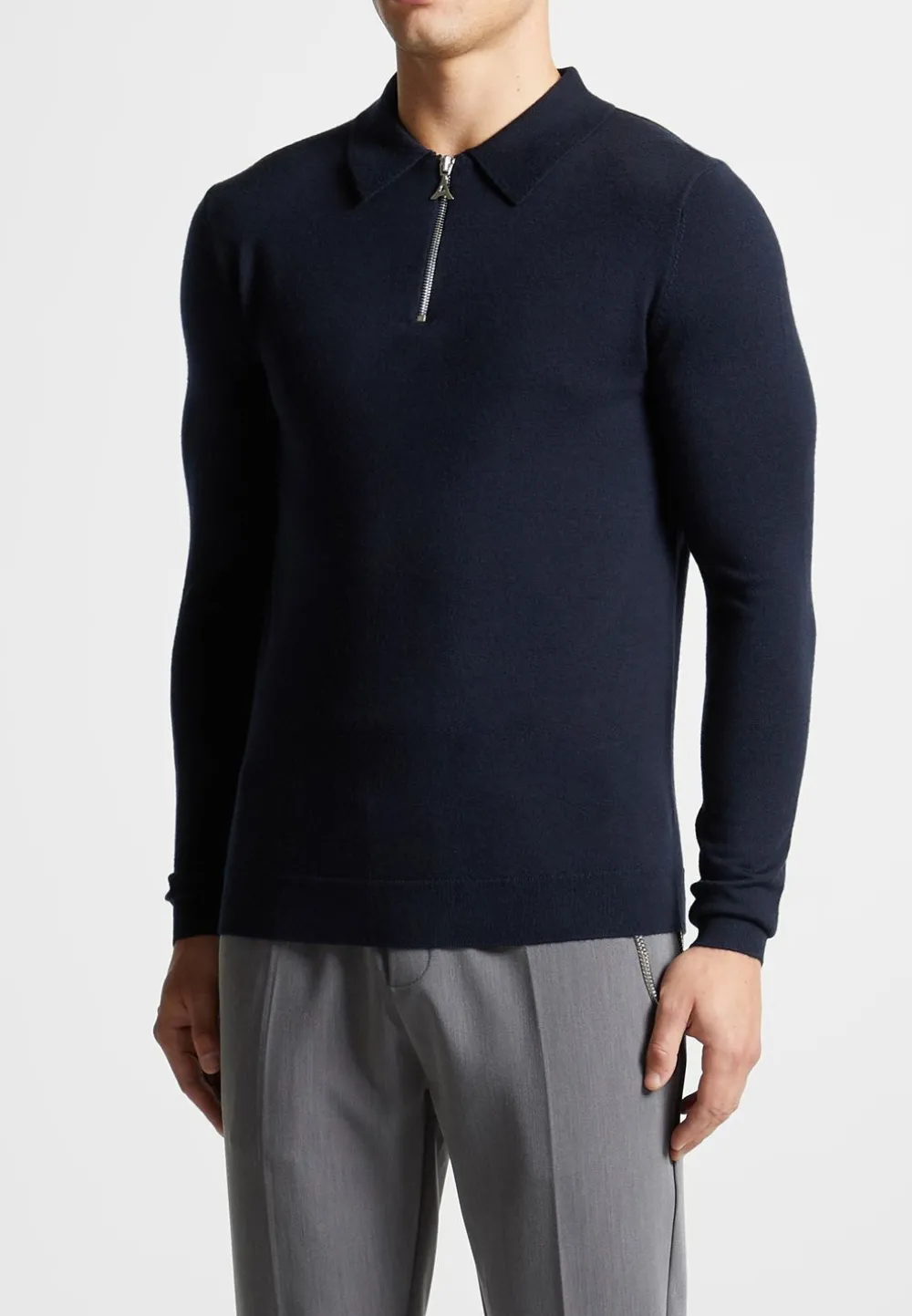 Merino Wool Long Sleeve Polo Top With Zip