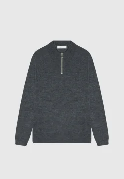 Merino Wool Long Sleeve Polo Top With Zip