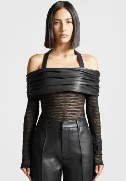 Mesh And Vegan Leather Bardot Bodysuit