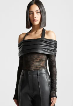 Mesh And Vegan Leather Bardot Bodysuit