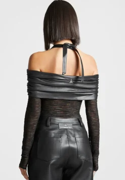 Mesh And Vegan Leather Bardot Bodysuit
