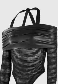 Mesh And Vegan Leather Bardot Bodysuit