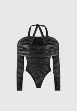 Mesh And Vegan Leather Bardot Bodysuit