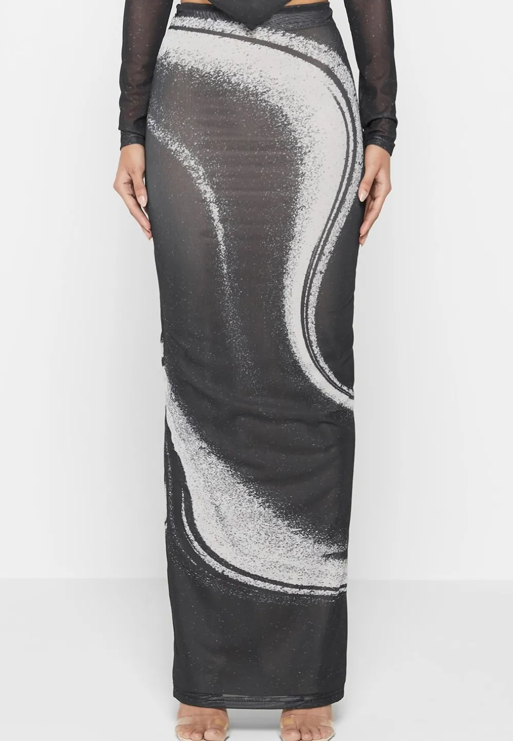 Mesh Printed Maxi Skirt - Black