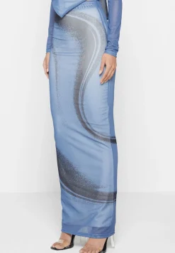 Mesh Printed Maxi Skirt - Blue