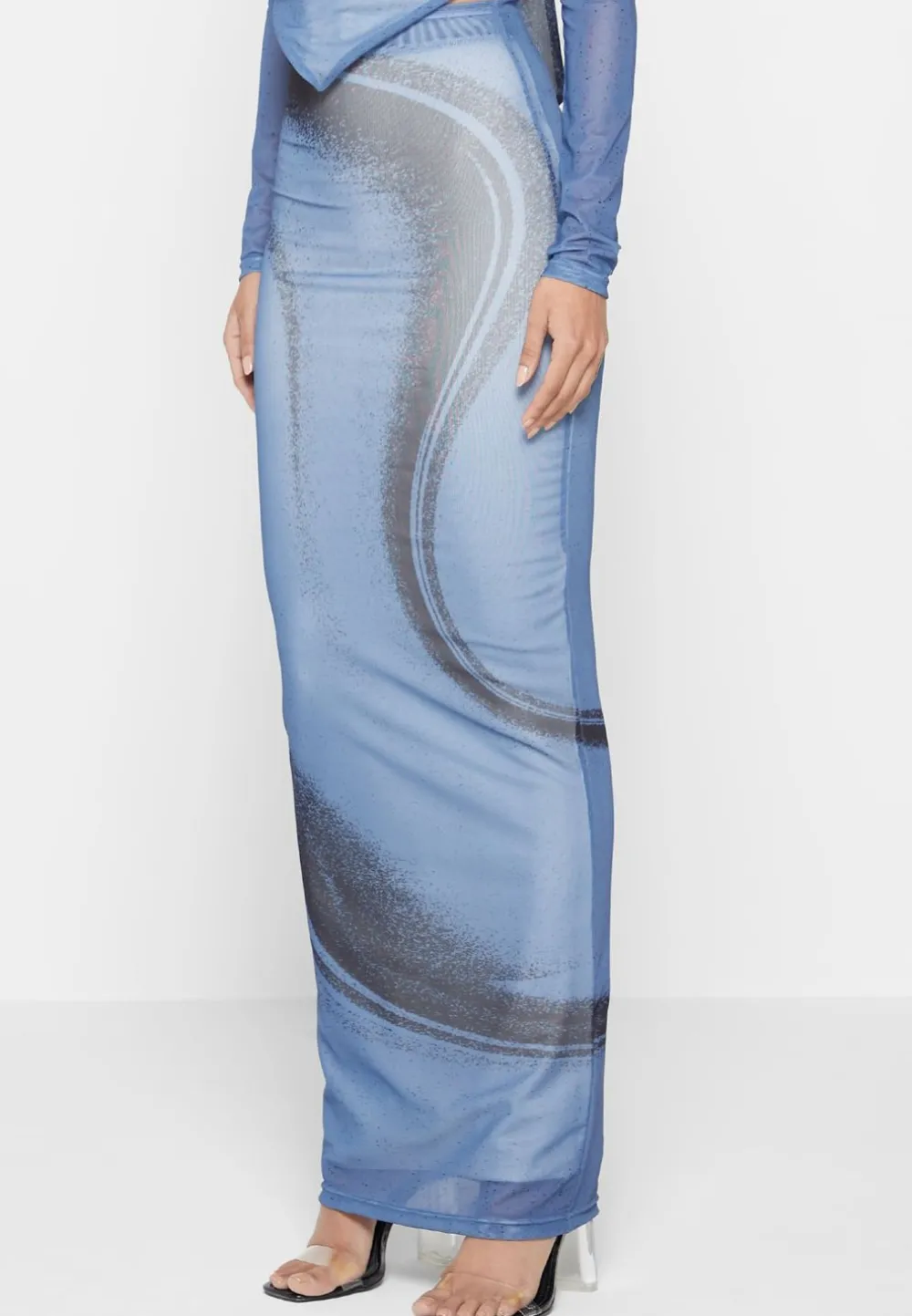 Mesh Printed Maxi Skirt - Blue