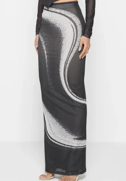 Mesh Printed Maxi Skirt - Black