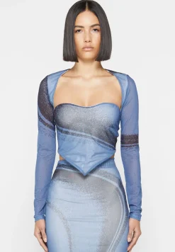 Mesh Printed Top With Sleeve Overlay - Blue