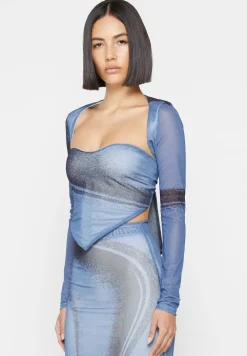 Mesh Printed Top With Sleeve Overlay - Blue
