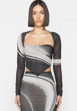 Mesh Printed Top With Sleeve Overlay - Black