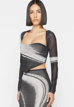 Mesh Printed Top With Sleeve Overlay - Black