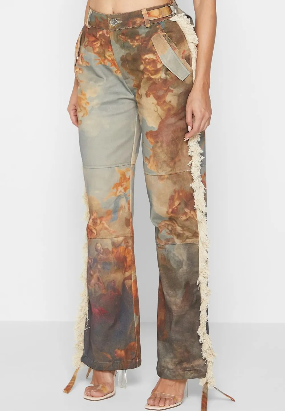Mid Rise Art Cargo Pants With Tassels