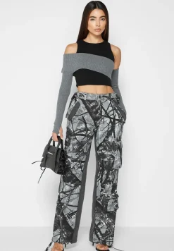Mid Rise Camo And Denim Cargo Pants
