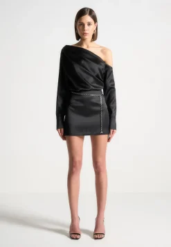 Off Shoulder Draped Satin Mini Dress With Belt