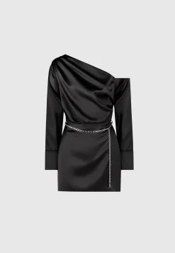 Off Shoulder Draped Satin Mini Dress With Belt