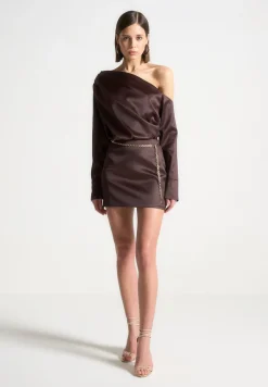 Off Shoulder Draped Satin Mini Dress With Belt