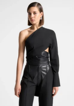One Sleeve Vegan Leather Wrap Top