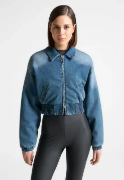 Padded Cropped Denim Bomber Jacket