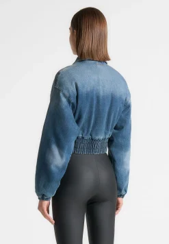 Padded Cropped Denim Bomber Jacket