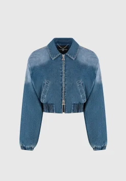Padded Cropped Denim Bomber Jacket