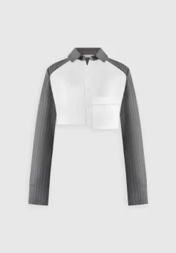 Pinstripe Contrast Cropped Shirt - Grey