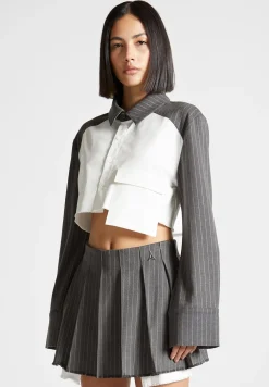 Pinstripe Contrast Cropped Shirt - Grey