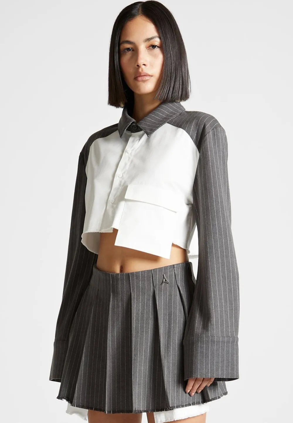 Pinstripe Contrast Cropped Shirt - Grey