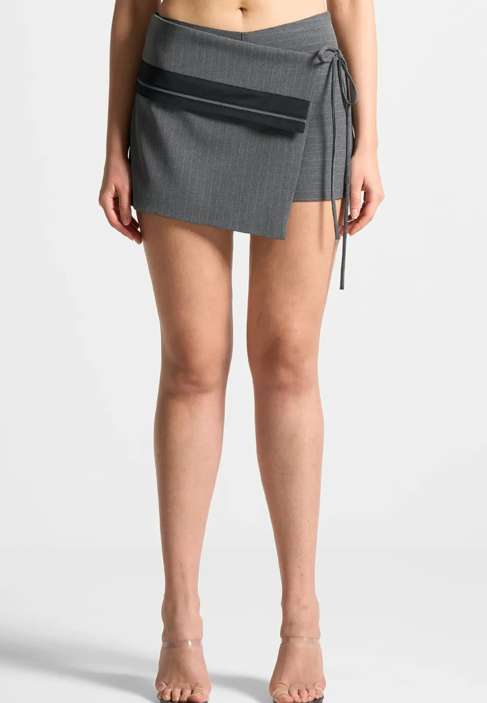 Pinstripe Tailored Mini Skort With Tie