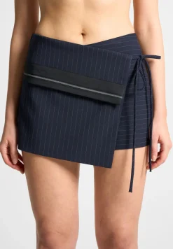 Pinstripe Tailored Mini Skort With Tie