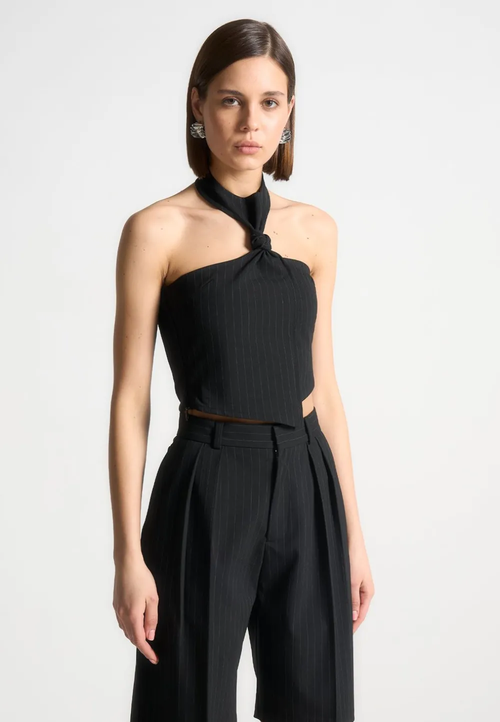 Pinstripe Tie Knot Halter Top