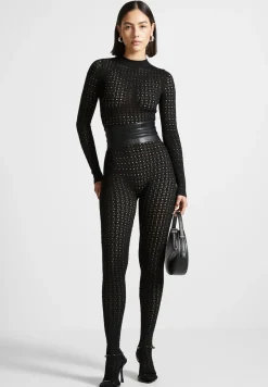 Pointelle Knit Long Sleeve Jumpsuit With Belt