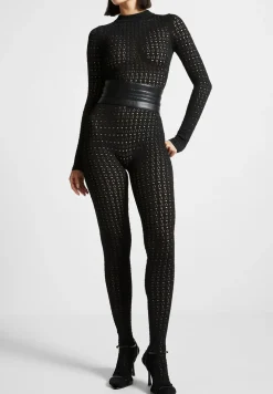 Pointelle Knit Long Sleeve Jumpsuit With Belt