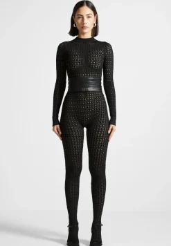 Pointelle Knit Long Sleeve Jumpsuit With Belt