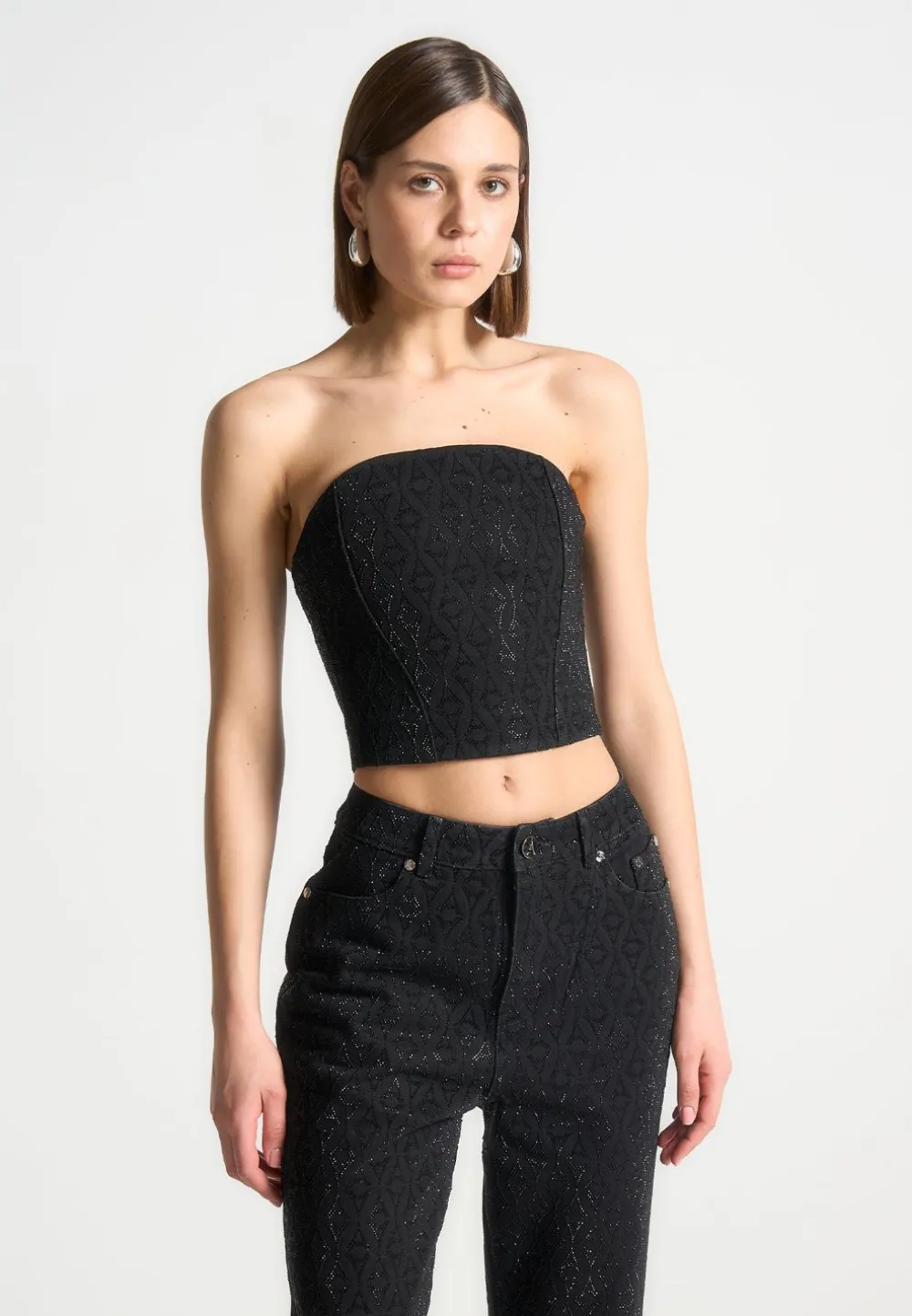 Rhinestone Eiffel Denim Bandeau Corset Top