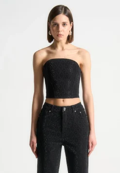 Rhinestone Eiffel Denim Bandeau Corset Top