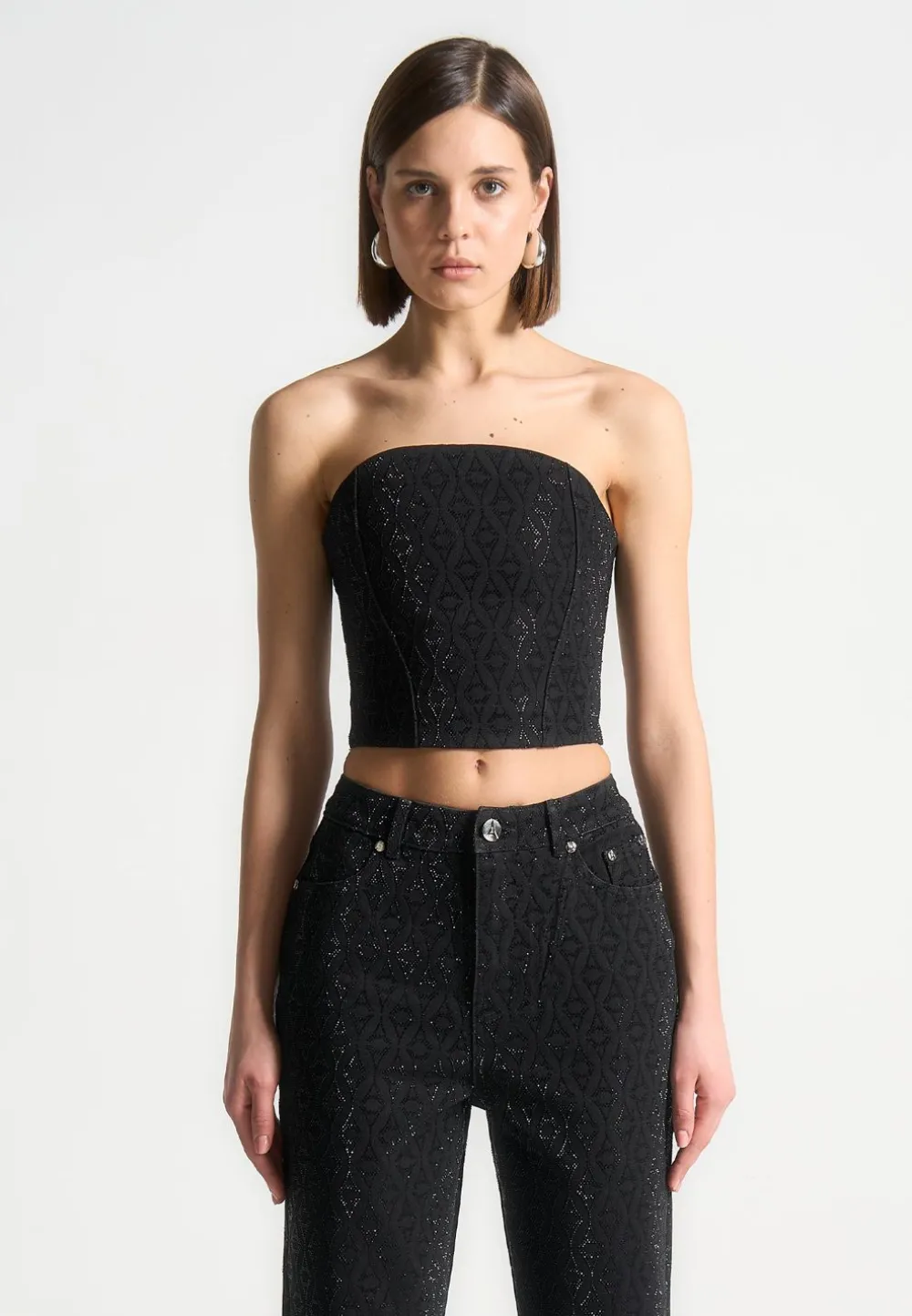 Rhinestone Eiffel Denim Bandeau Corset Top