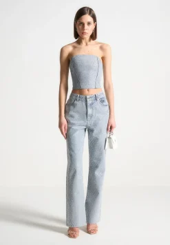 Rhinestone Eiffel Denim Bandeau Corset Top