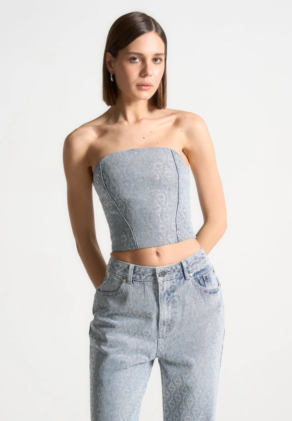 Rhinestone Eiffel Denim Bandeau Corset Top