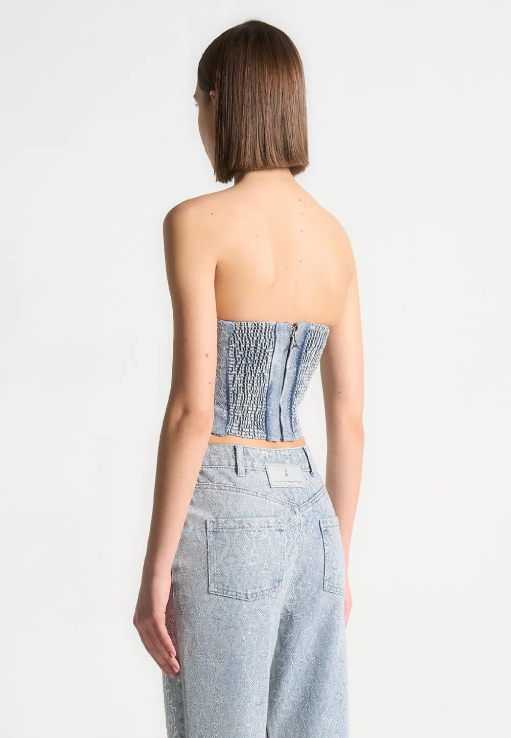 Rhinestone Eiffel Denim Bandeau Corset Top