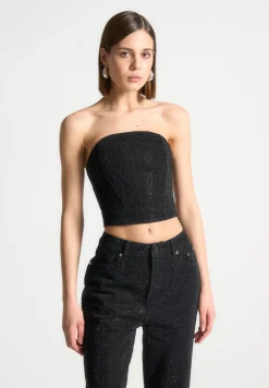 Rhinestone Eiffel Denim Bandeau Corset Top