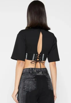 Rhinestone Lace Up Corset T-Shirt